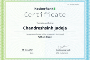Python basics certificate from HackerRank for RPA Developer Chandreshsinh Jadeja